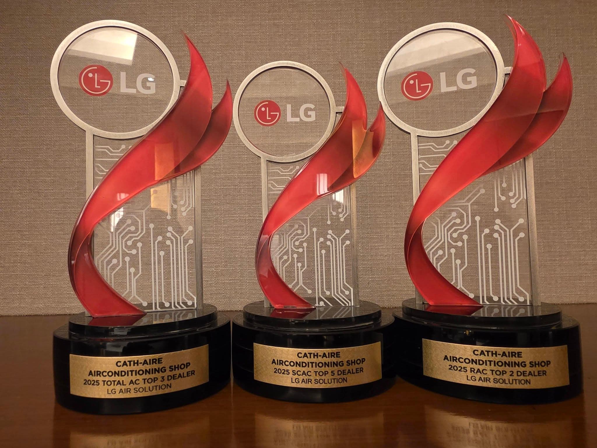 Three LG Air Solution trophies awarded to Cath-Aire Airconditioning Shop for top dealer categories in 2025